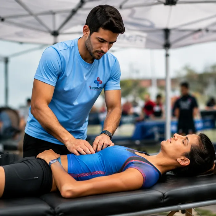 Kinesiólogo de FISIMED realizando recovery a deportista en camilla durante evento deportivo.