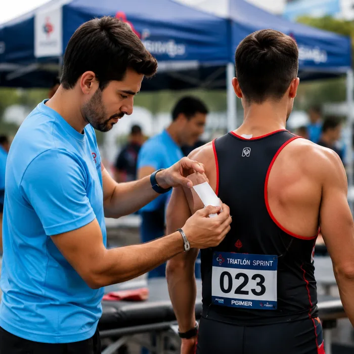 Kinesiólogo de FISIMED aplicando vendaje funcional a deportista durante evento deportivo.