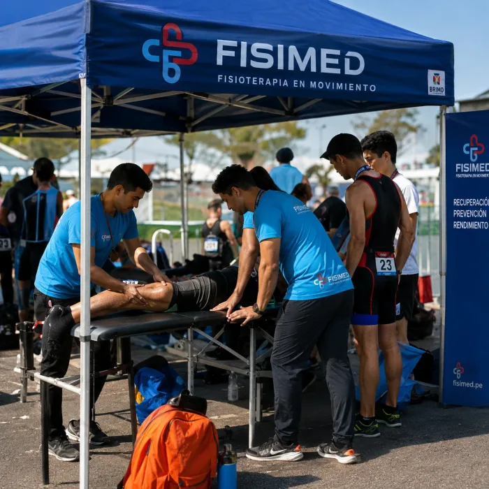 Stand de FISIMED entregando cobertura kinésica a deportistas en evento deportivo.