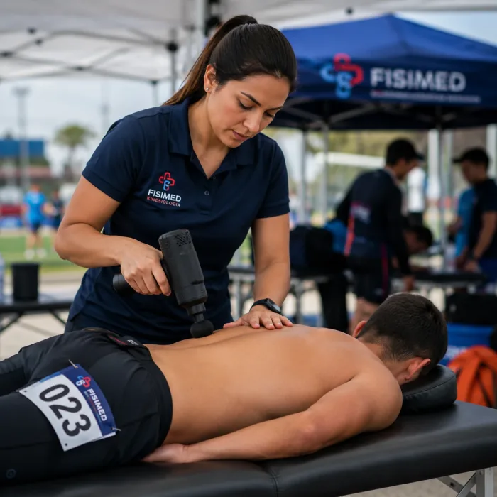 Kinesióloga de FISIMED realizando recovery muscular a deportista durante evento deportivo.