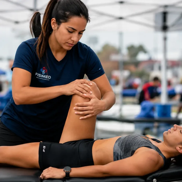 Kinesióloga de FISIMED realizando movilidad asistida y elongación a deportista en evento deportivo.