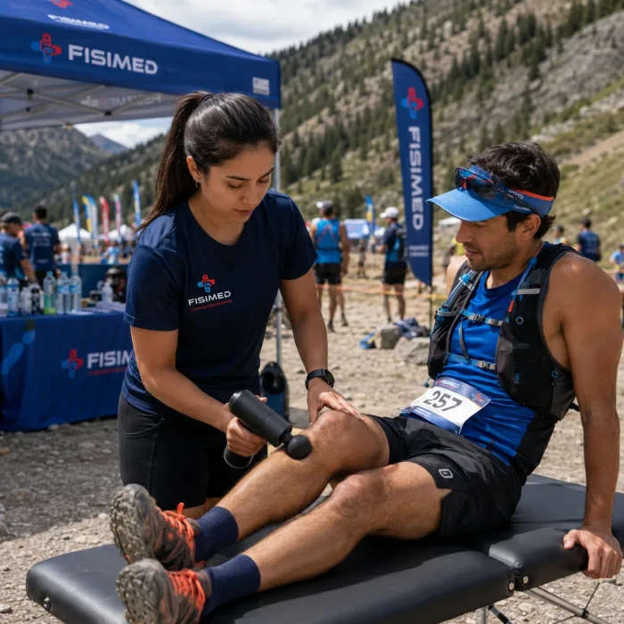 Kinesióloga de FISIMED realizando recovery con pistola de masaje a corredor de trail.