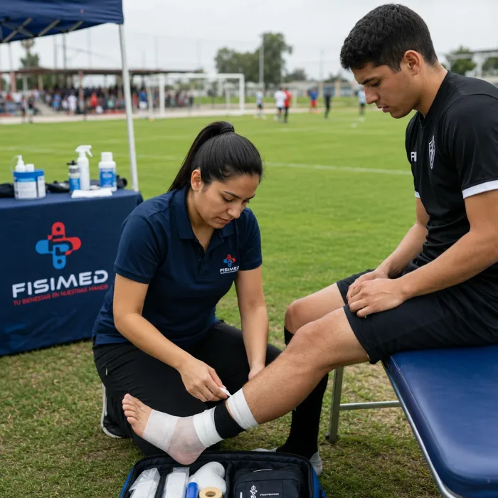 Kinesiólogo de FISIMED realizando recovery muscular a deportista en evento deportivo al aire libre.