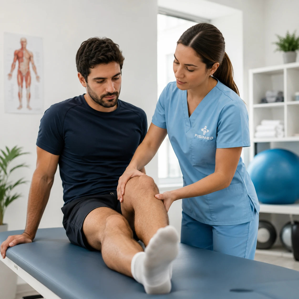 Kinesióloga de FISIMED realizando evaluación de rodilla a paciente en camilla clínica