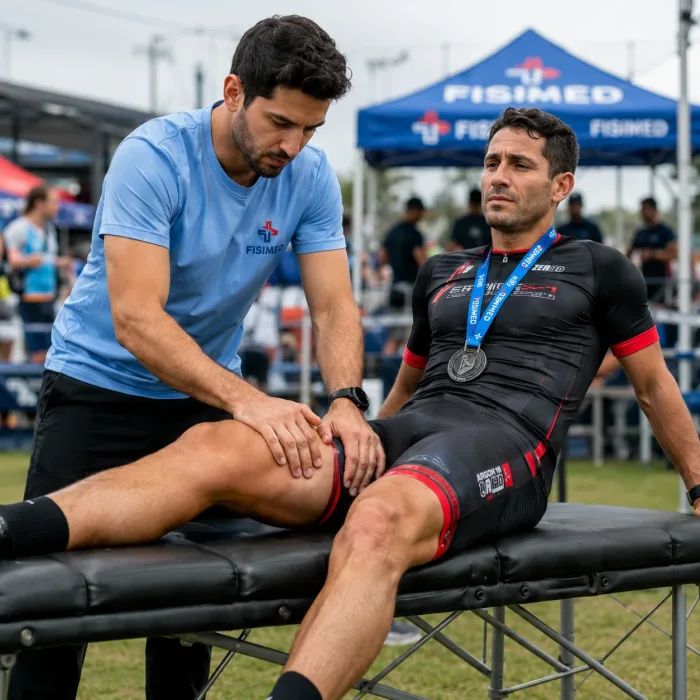 Kinesiólogo de FISIMED realizando recovery post competencia a deportista con medalla.
