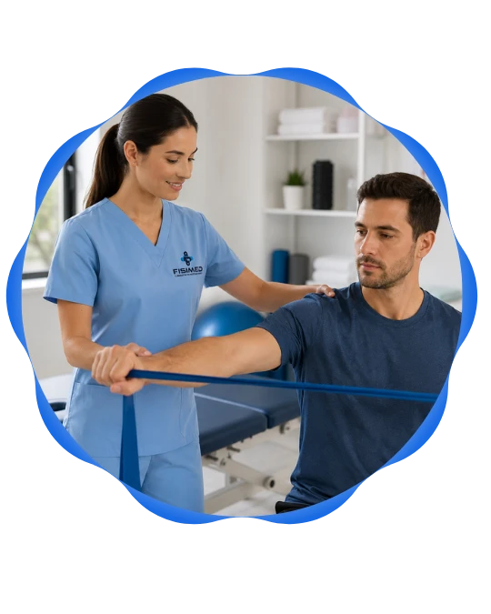 Profesional de FISIMED realizando sesión de kinesiología con banda de resistencia en consulta
