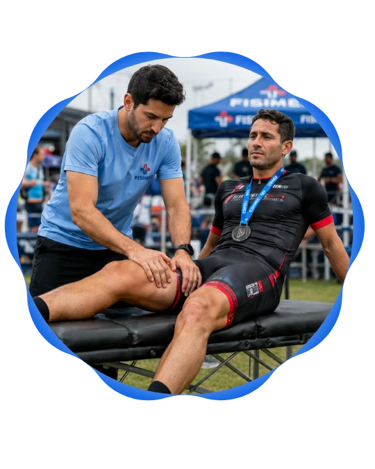 Kinesiólogo de FISIMED realizando recovery muscular a deportista durante evento deportivo.