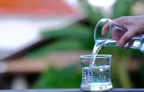 Vaso de agua pura junto a frutas hidratantes, representando los beneficios del agua para el cuerpo y el bienestar.