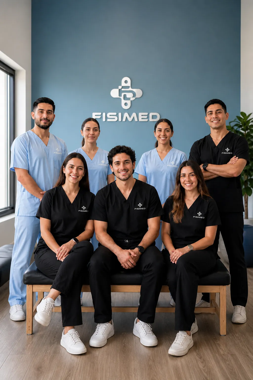 Equipo de kinesiólogos y TENS de Fisimed en clínica de Valparaíso con uniforme institucional.