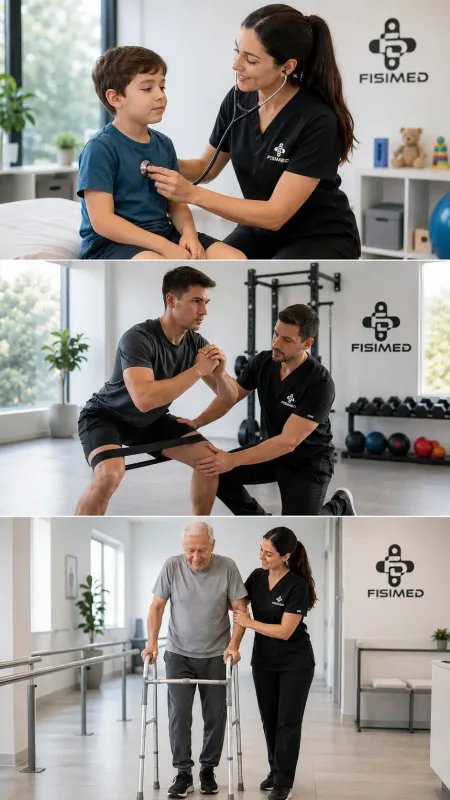 Kinesiólogos Fisimed realizando atención respiratoria, reintegro deportivo y rehabilitación de adulto mayor en Valparaíso.