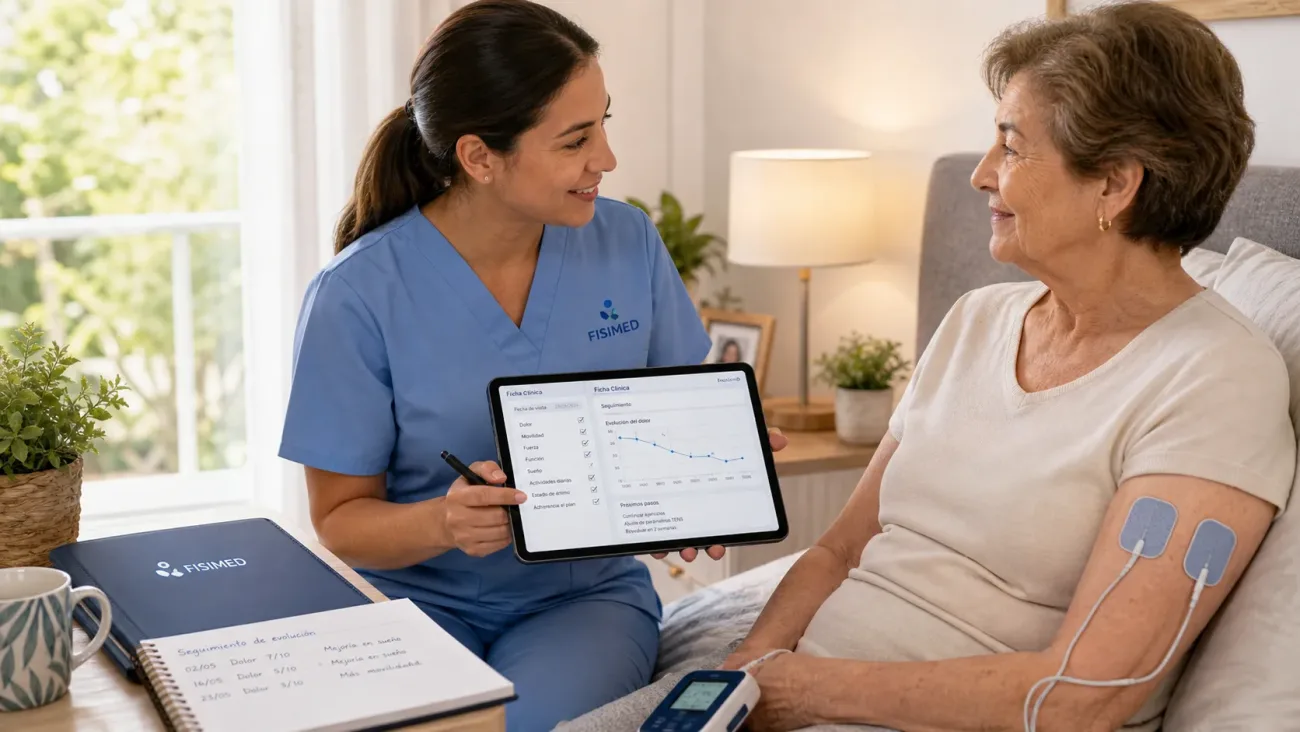 TENS de Fisimed realizando seguimiento de evolución clínica a adulto mayor en domicilio mediante ficha clínica digital.