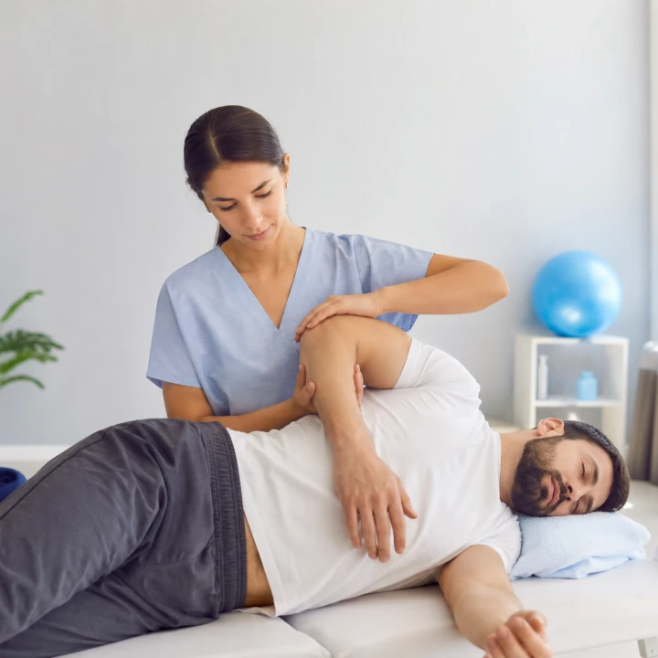 Profesional de FISIMED realizando atención kinésica y rehabilitación