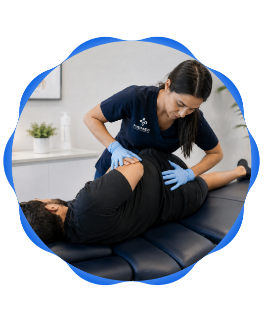 Profesional de FISIMED realizando técnica de quiropráctica lumbar en consulta clínica