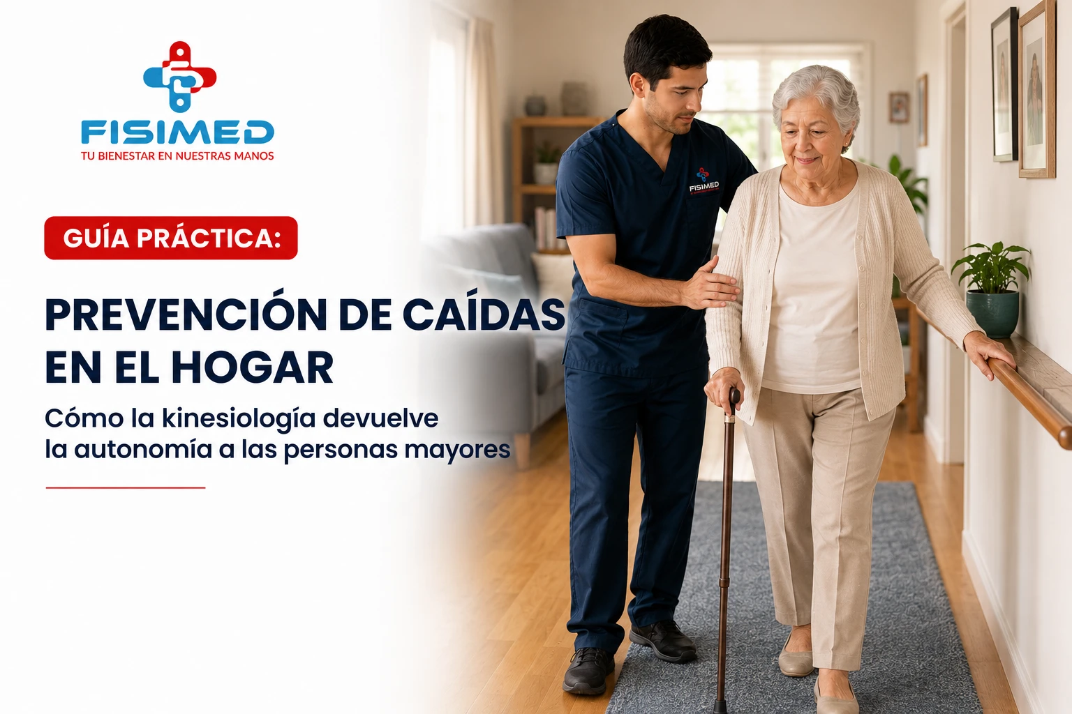 Kinesiólogo de FISIMED ayuda a una persona mayor a prevenir caídas en el hogar.