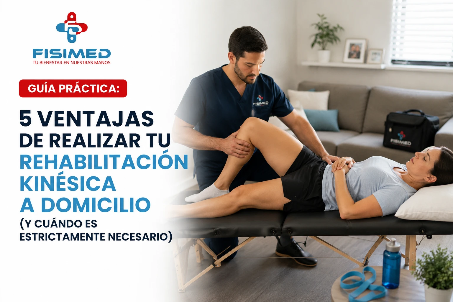 Kinesiólogo realizando una sesión de rehabilitación kinésica a domicilio a una paciente en su hogar para favorecer una recuperación segura y personalizada.
