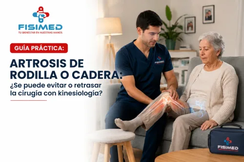 Kinesiólogo de FISIMED realizando evaluación de una paciente con artrosis de rodilla y cadera en domicilio para aliviar el dolor, mejorar la movilidad y retrasar una cirugía mediante tratamiento kinésico.
