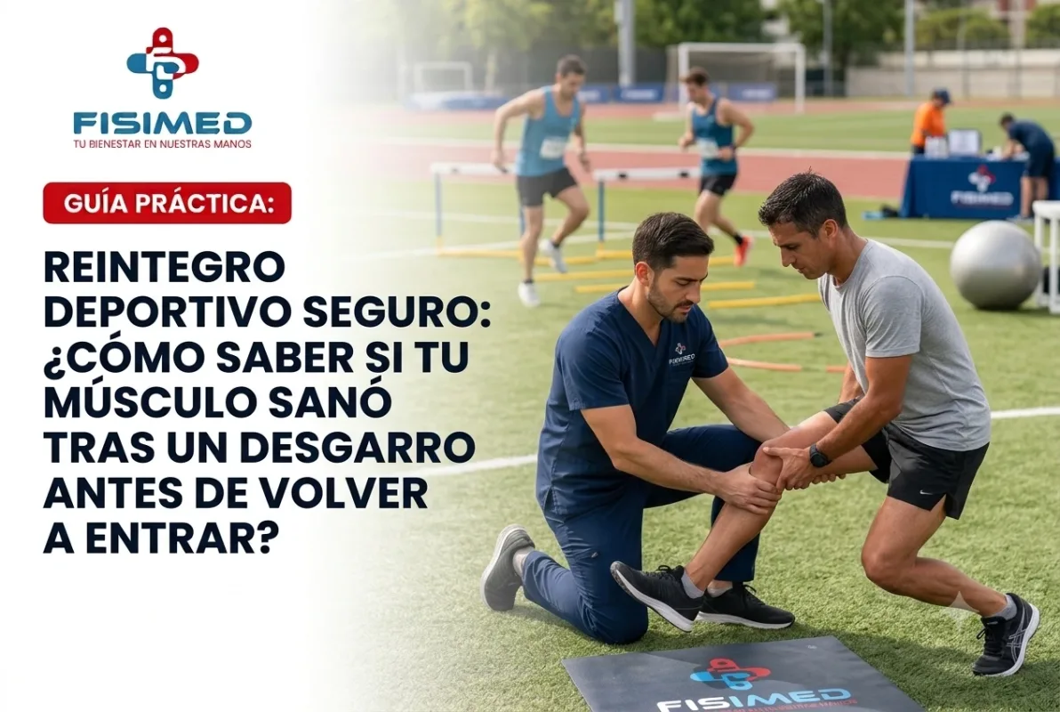 Kinesiólogo evaluando a un deportista antes del reintegro deportivo tras un desgarro muscular en FISIMED.