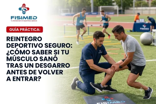 Kinesiólogo evaluando a un deportista antes del reintegro deportivo tras un desgarro muscular en FISIMED.