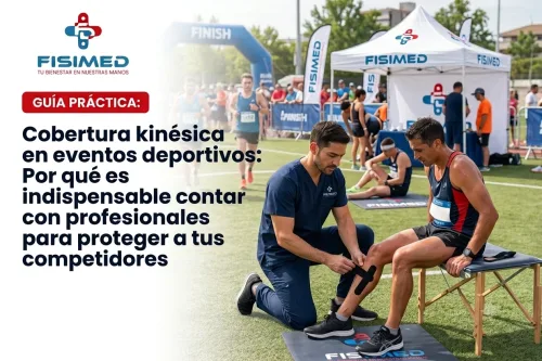 Un kinesiólogo profesional de FISIMED aplicando cinta adhesiva terapéutica (kinesiotaping) a la pantorrilla de un corredor de maratón sudoroso en la línea de meta. Gráfico con el texto "Guía práctica: Cobertura kinésica en eventos deportivos"