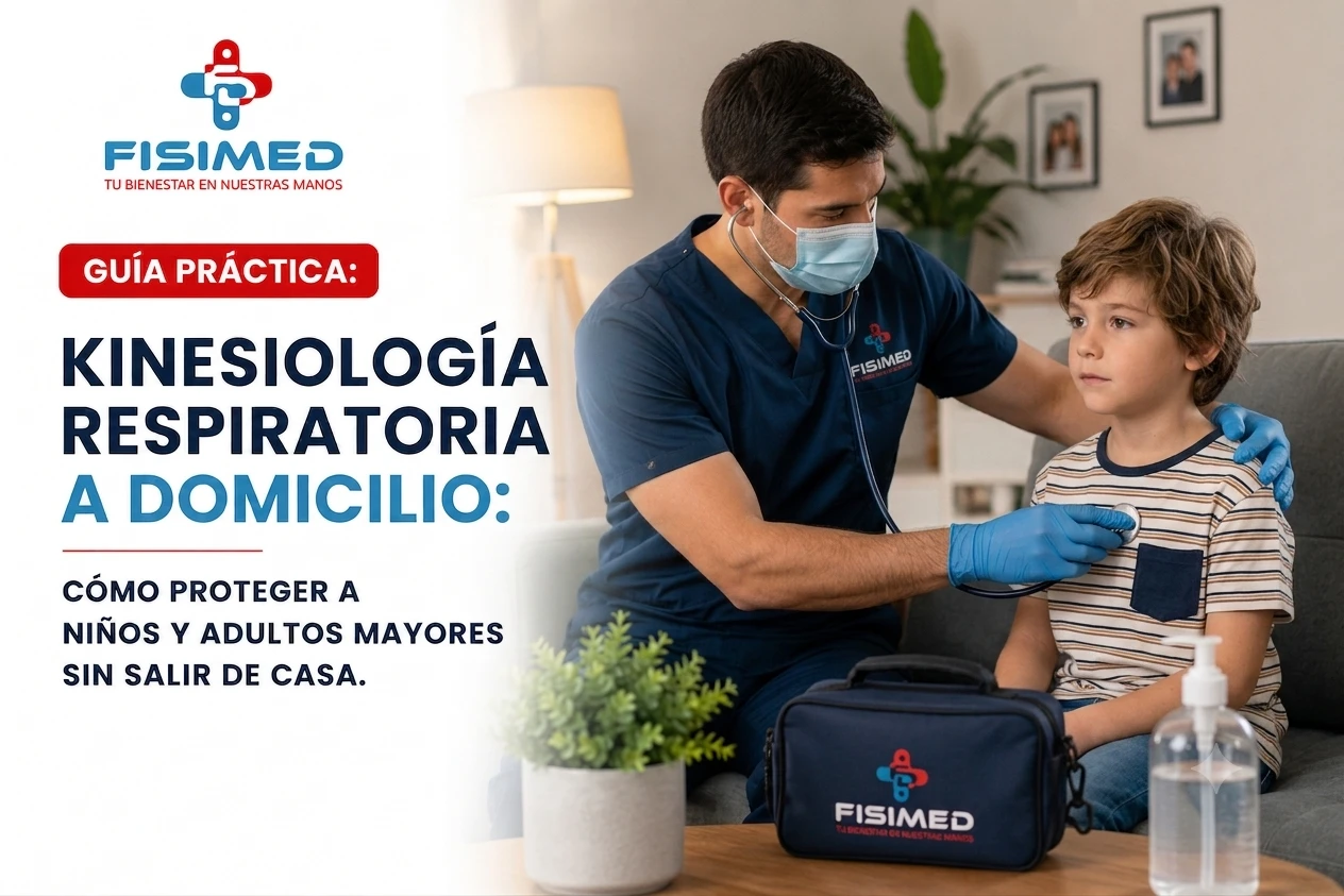 Fotografía de un kinesiólogo profesional de FISIMED auscultando a un niño en fisioterapia respiratoria a domicilio, con texto de guía práctica para proteger a niños y adultos mayores en casa