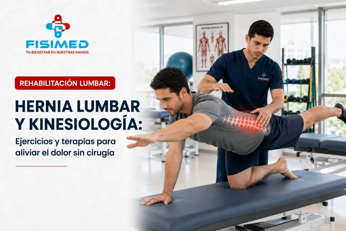 Kinesiólogo de FISIMED guiando un ejercicio para la rehabilitación de una hernia lumbar