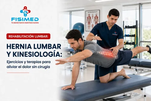 Kinesiólogo de FISIMED guiando un ejercicio para la rehabilitación de una hernia lumbar