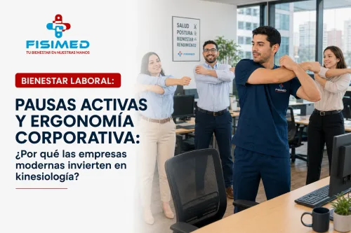 Kinesiólogo de FISIMED guiando pausas activas y ejercicios de ergonomía en una empresa